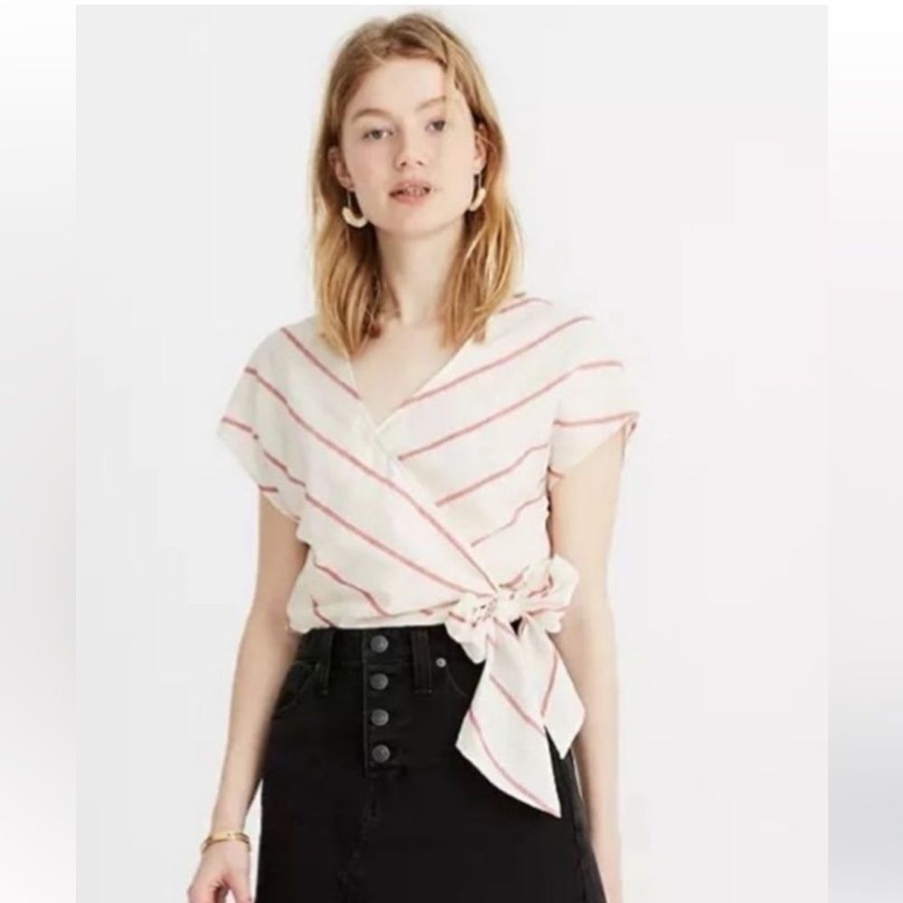 Madewell Top Womens Medium White Red Sash Tie Wrap Montpellier Stripe V Neck XS
